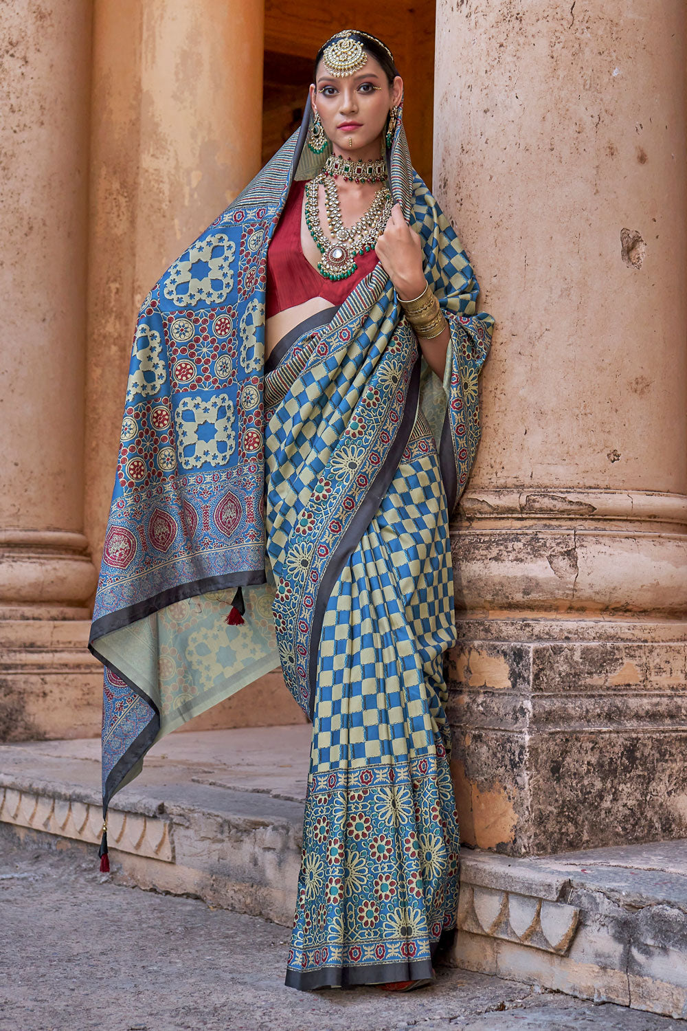 Delicate Multi Color Ajrakh Print Work Art Silk Saree | Buy Online India