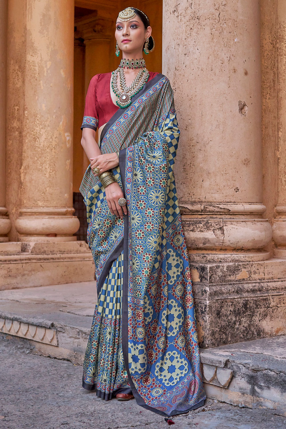 Delicate Multi Color Ajrakh Print Work Art Silk Saree | Buy Online India