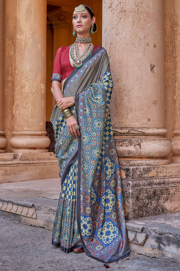 Delicate Multi Color Ajrakh Print Work Art Silk Saree | Buy Online India