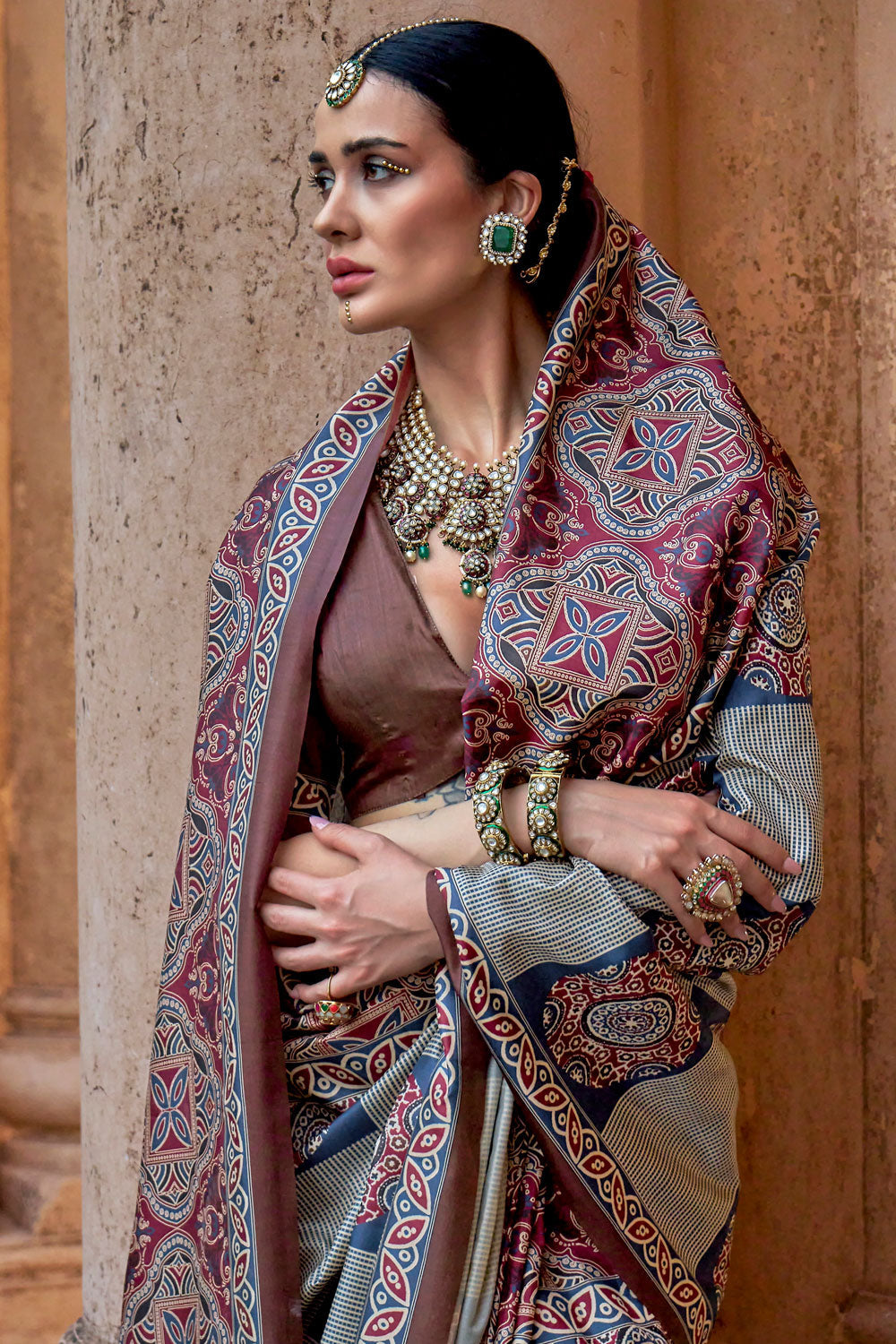 Blazing Multi Color Ajrakh Print Work Art Silk Saree | Buy Online India