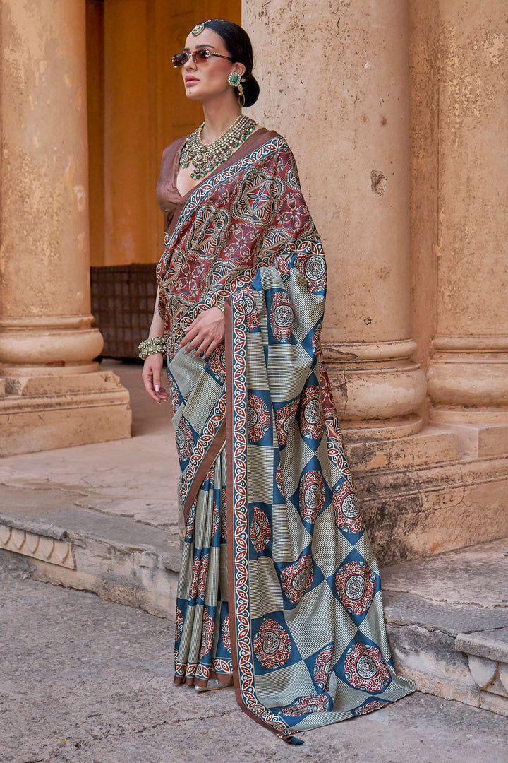 Blazing Multi Color Ajrakh Print Work Art Silk Saree | Buy Online India