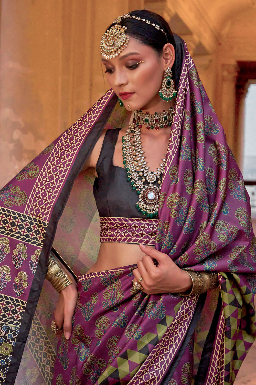 Magenta Color Exquisite Ajrakh Print Work Art Silk Saree | Buy Online India