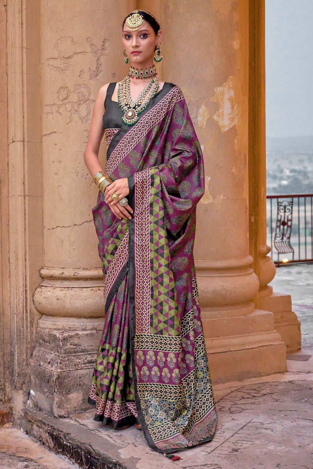Magenta Color Exquisite Ajrakh Print Work Art Silk Saree | Buy Online India