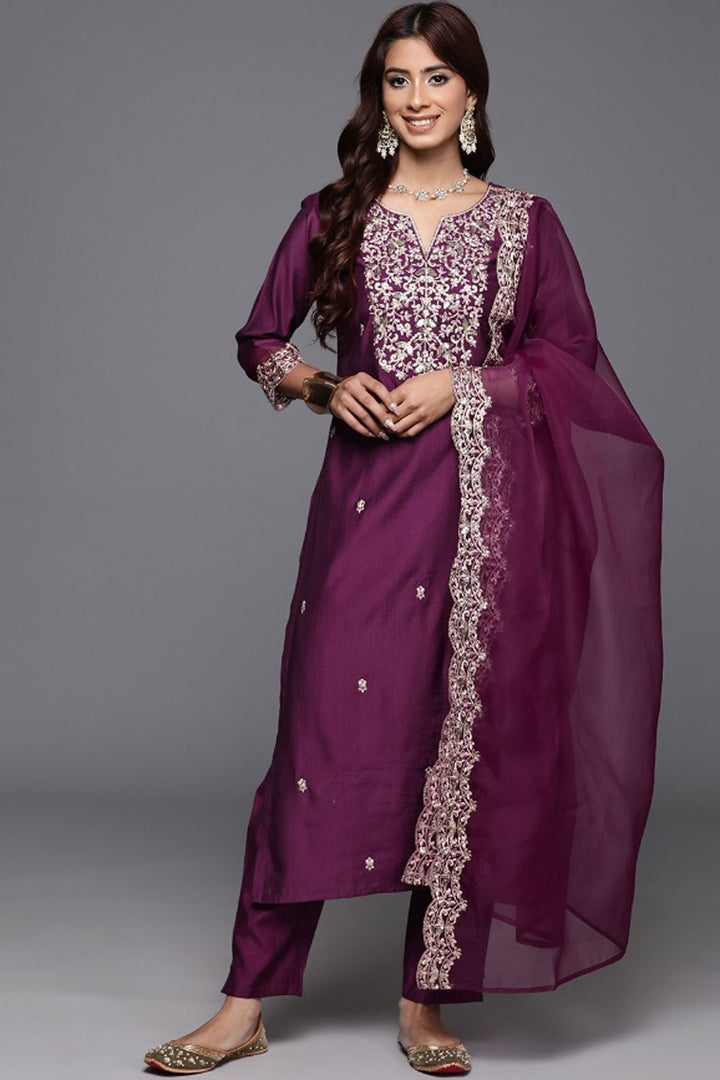 Purple Readymade Salwar Suit In Chanderi Fabric