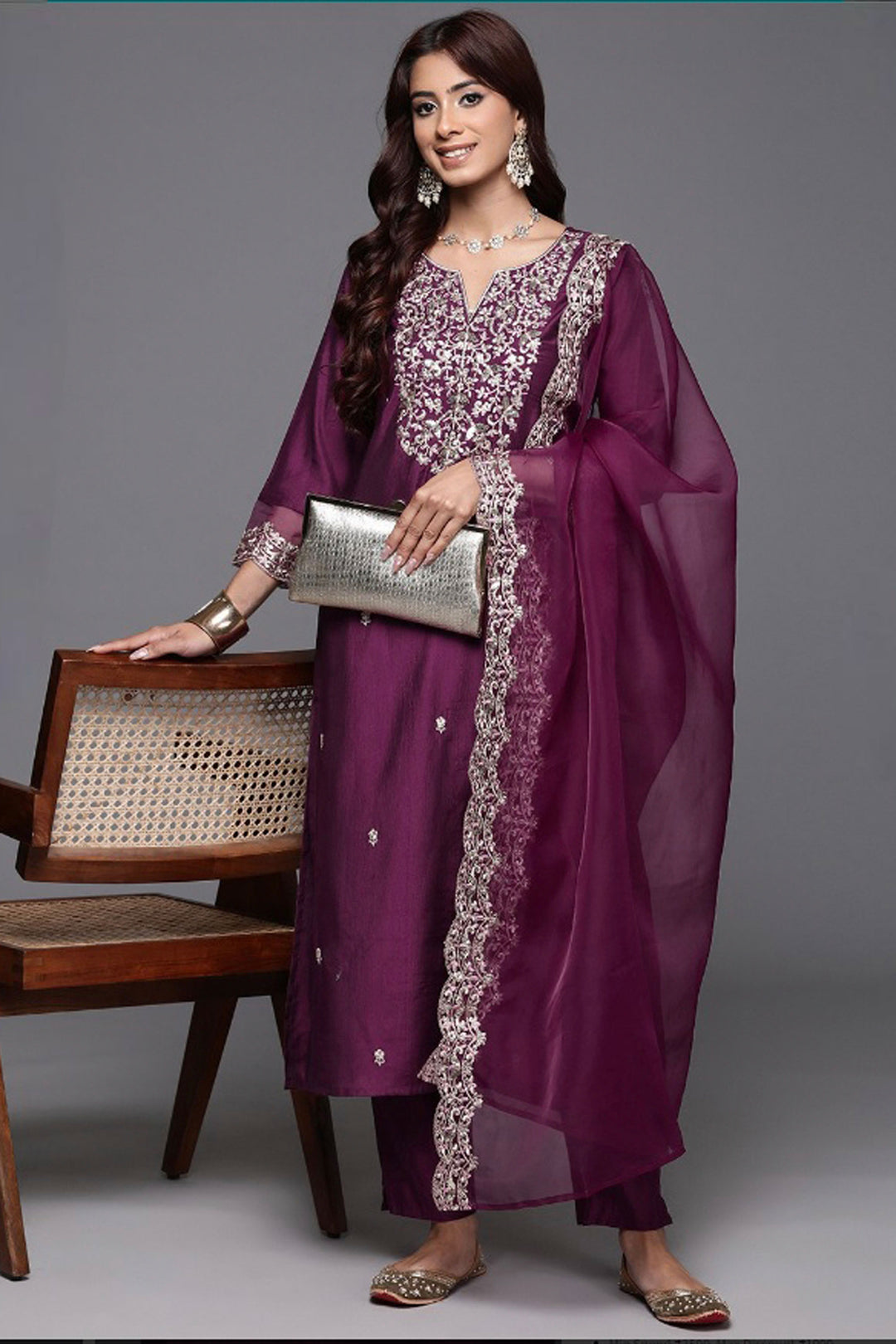 Purple Readymade Salwar Suit In Chanderi Fabric