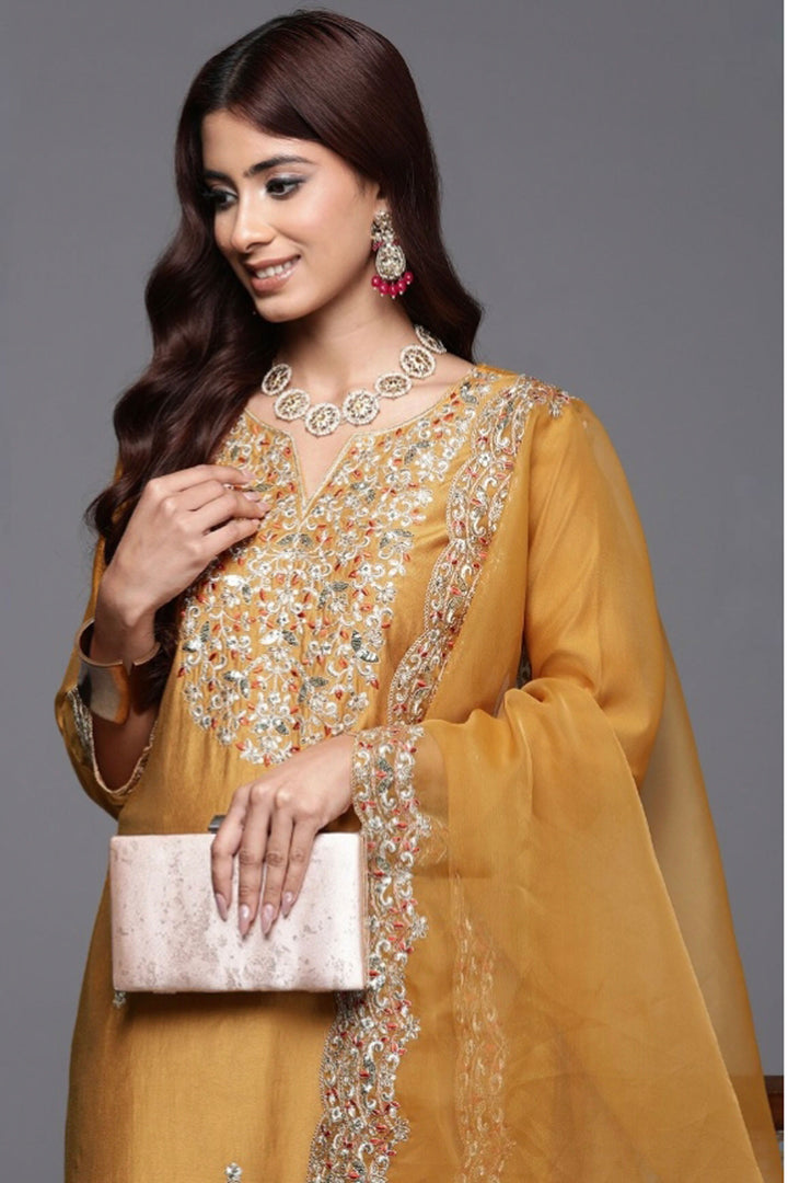 Trendy Yellow Color Chanderi Fabric Readymade Salwar Suit