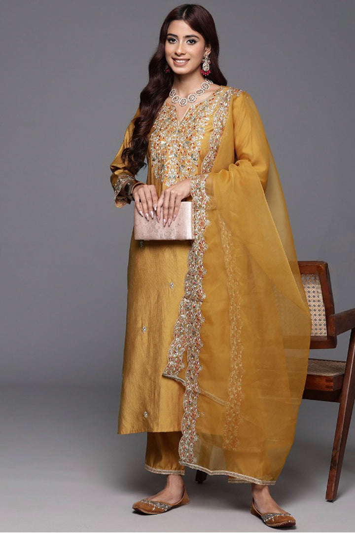 Trendy Yellow Color Chanderi Fabric Readymade Salwar Suit