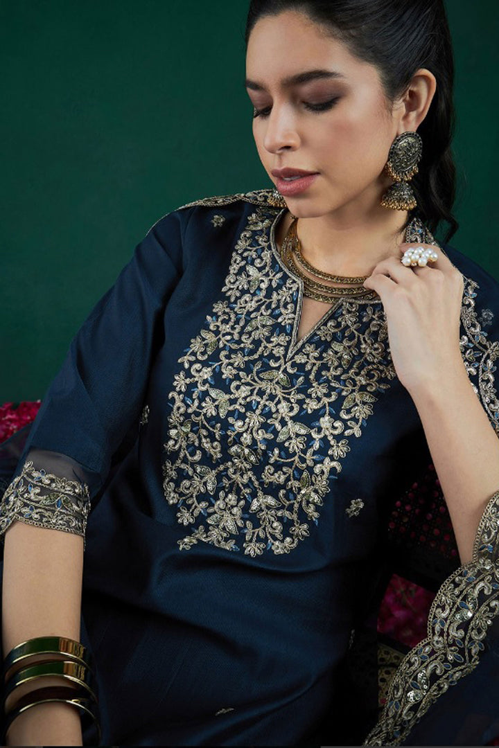 Elegant Blue Readymade Salwar Suit In Chanderi Fabric