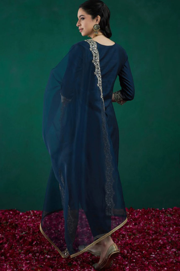 Elegant Blue Readymade Salwar Suit In Chanderi Fabric