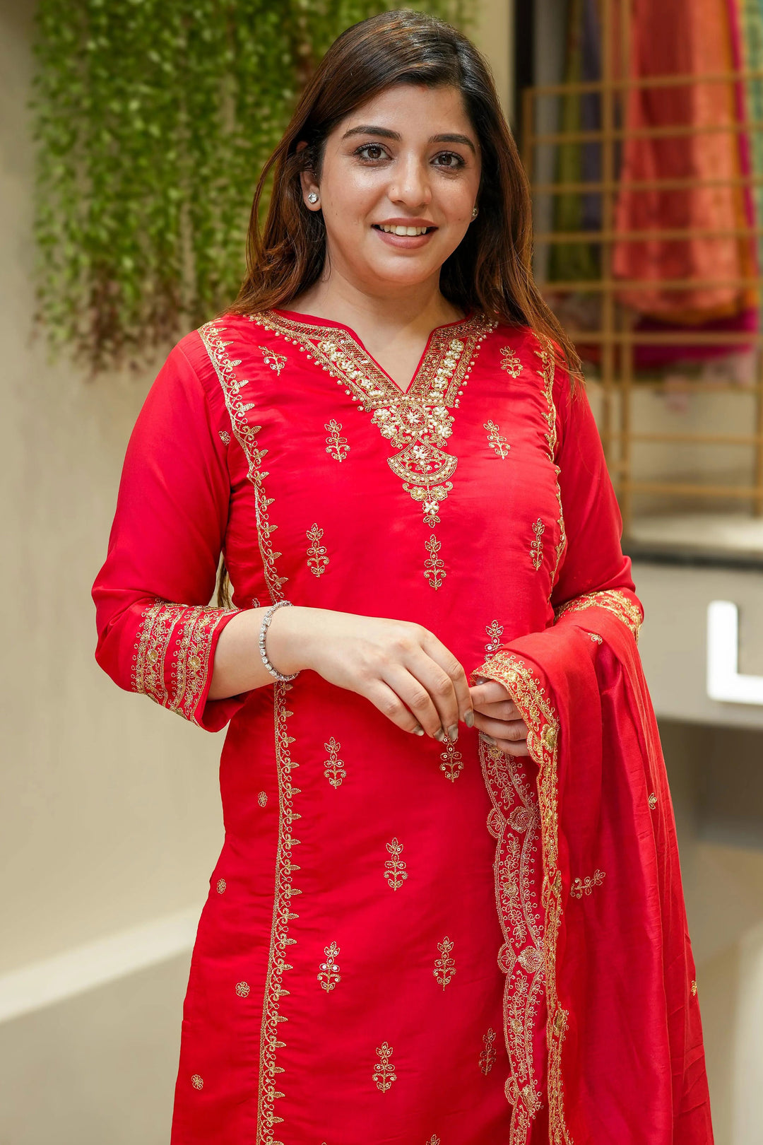 Radiant Red Chanderi SIlk Fabric Readymade Salwar Suit