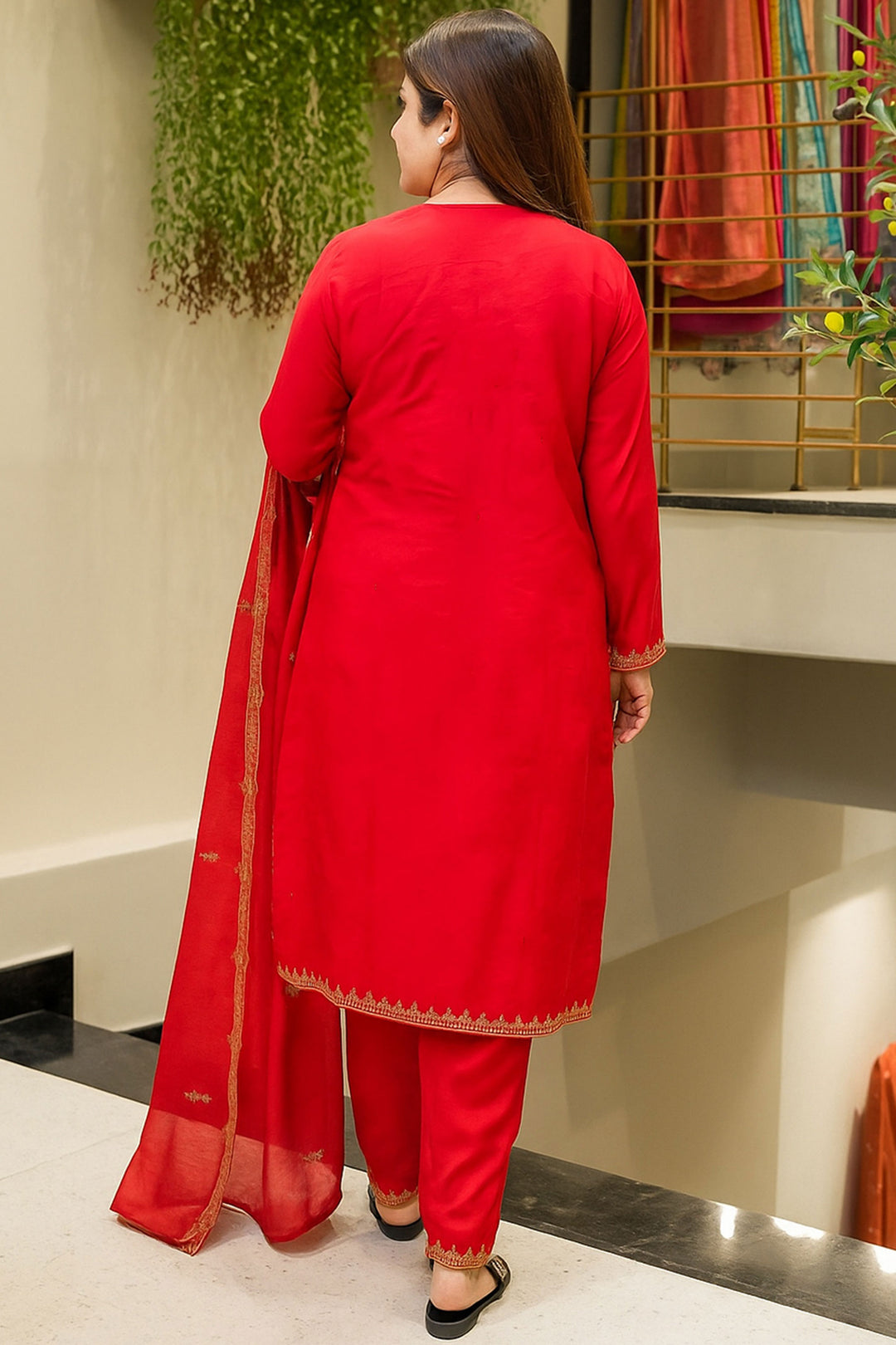 Radiant Red Chanderi SIlk Fabric Readymade Salwar Suit