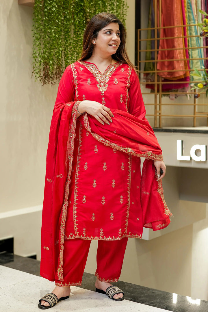 Radiant Red Chanderi SIlk Fabric Readymade Salwar Suit