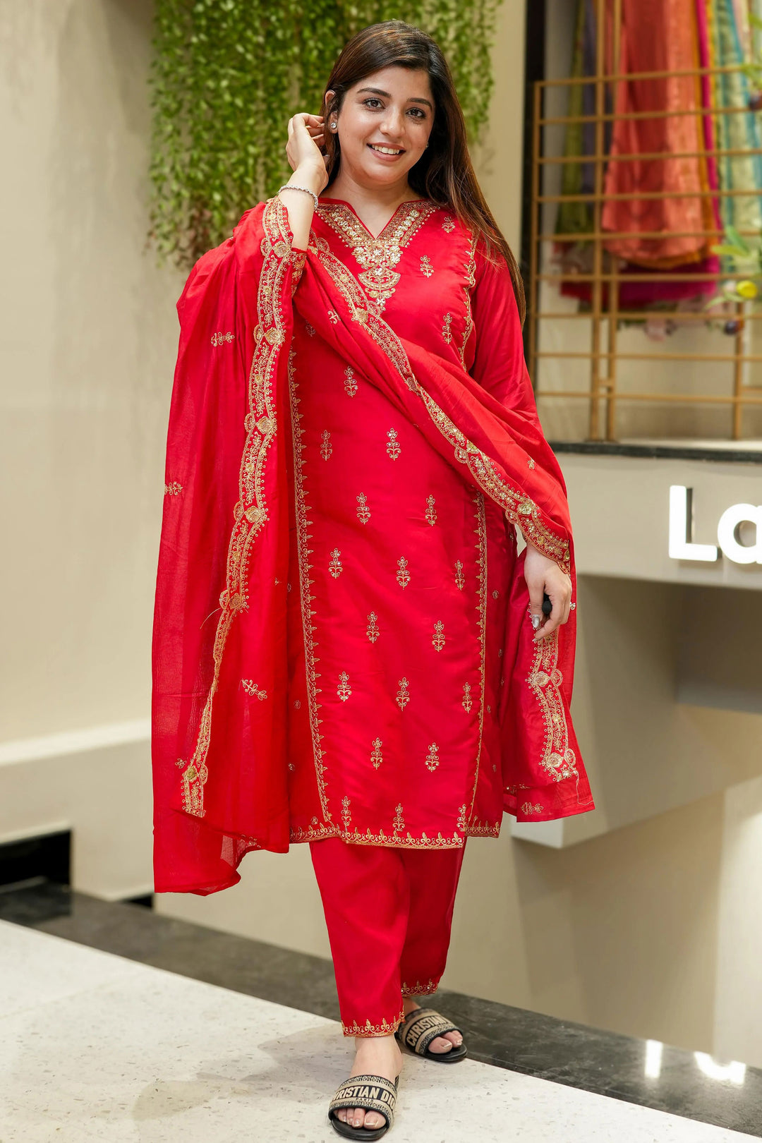 Radiant Red Chanderi SIlk Fabric Readymade Salwar Suit