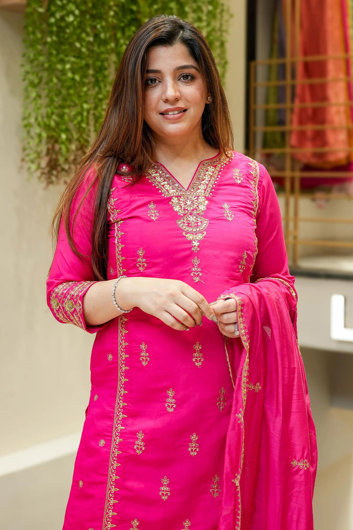 Chanderi Silk Fabric Rani Color Readymade Salwar Suit