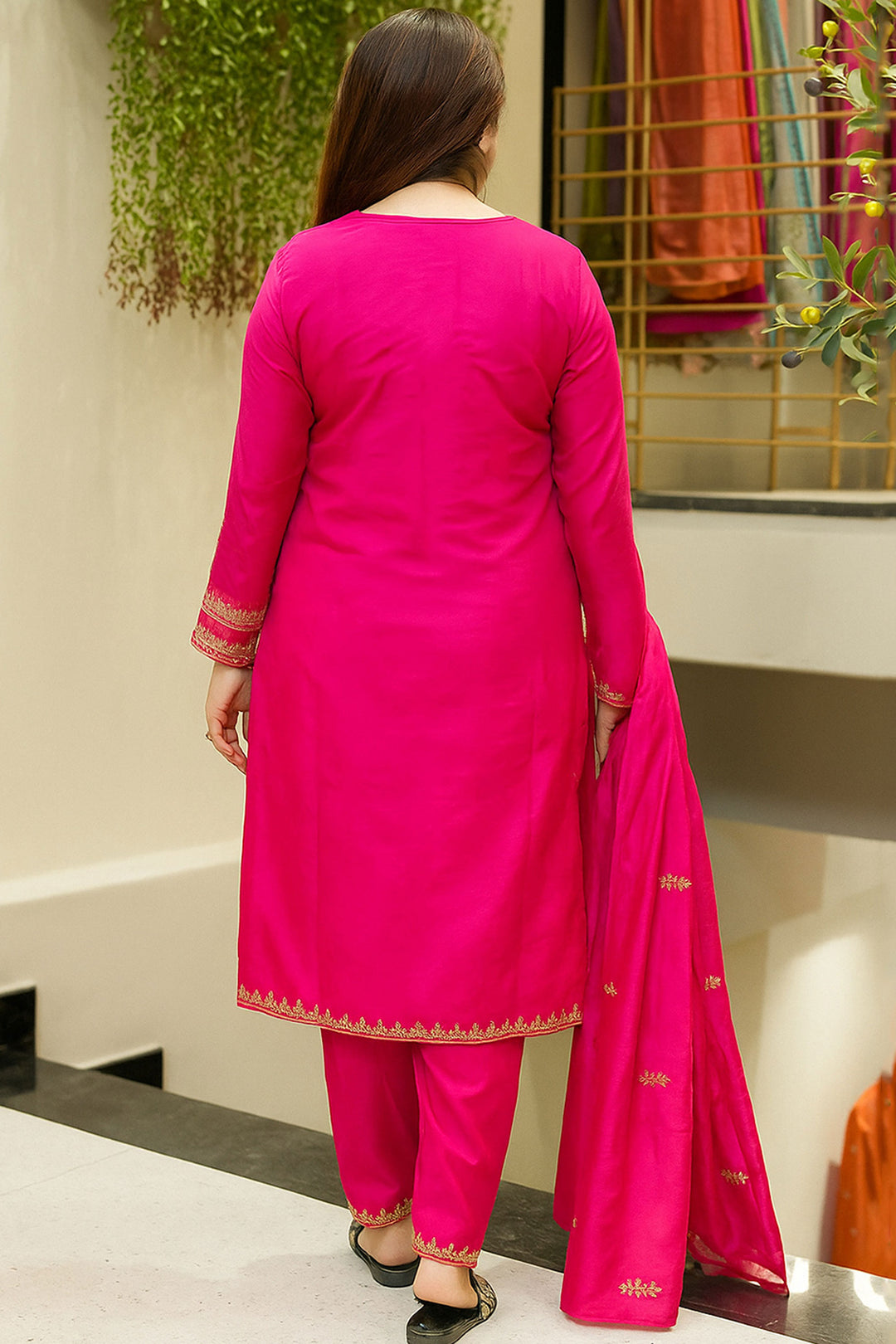 Chanderi Silk Fabric Rani Color Readymade Salwar Suit