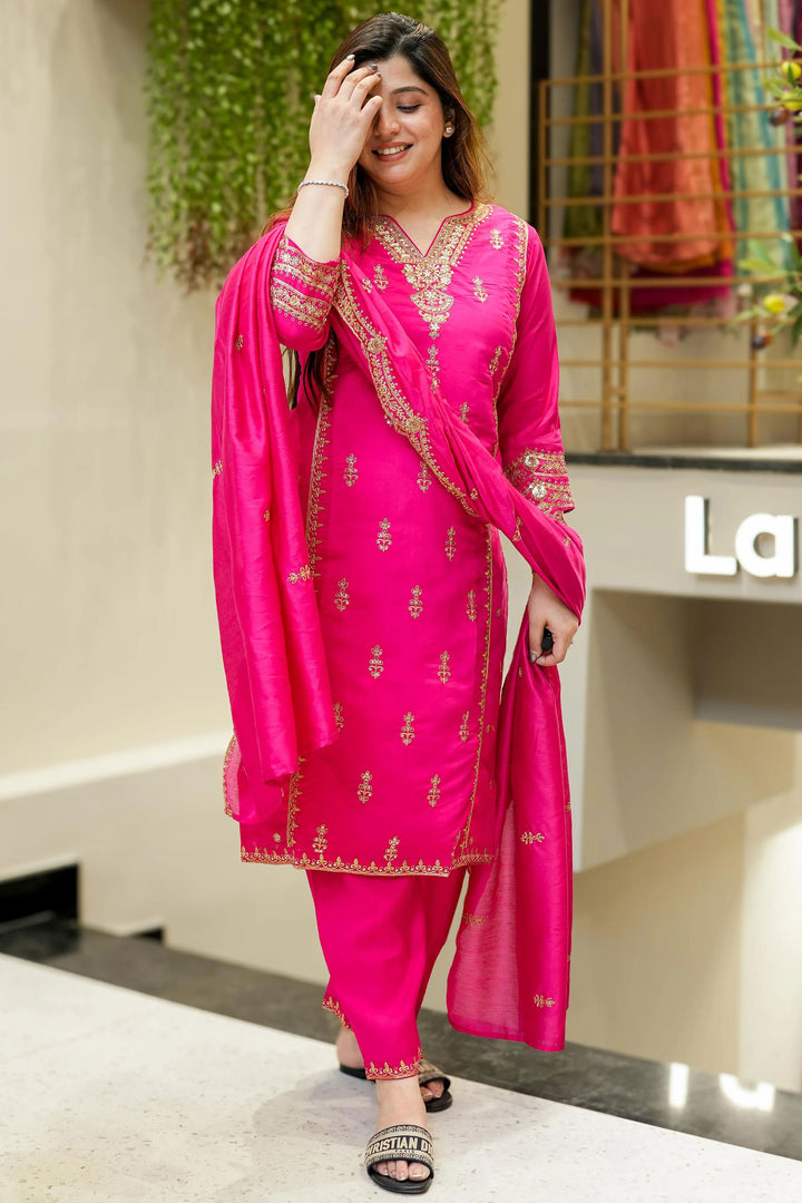Chanderi Silk Fabric Rani Color Readymade Salwar Suit