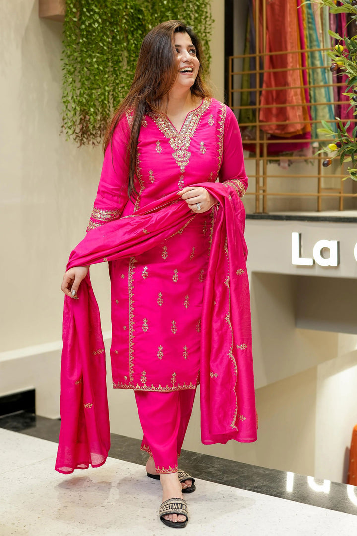 Chanderi Silk Fabric Rani Color Readymade Salwar Suit