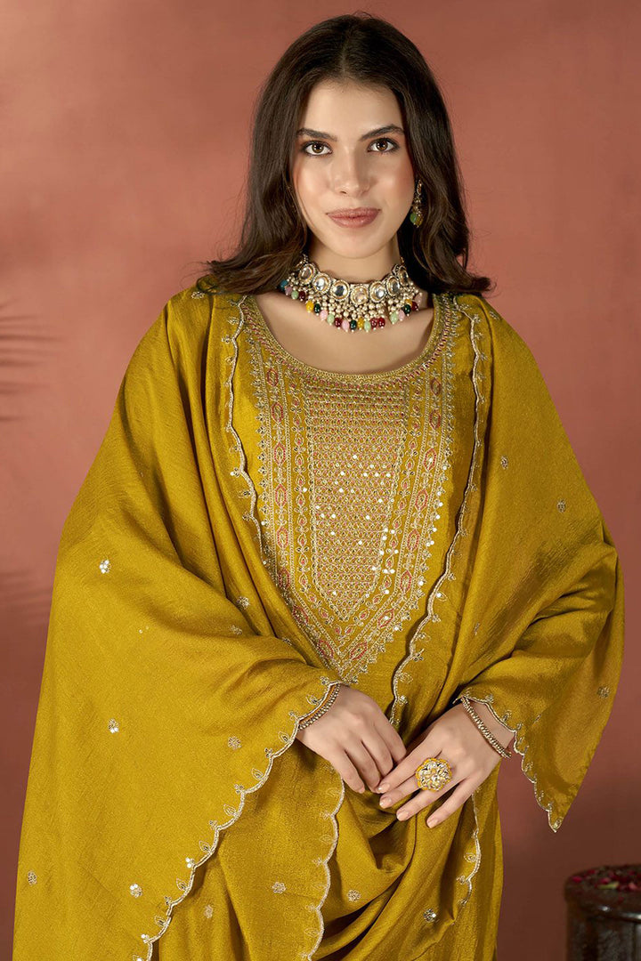 Mustard Color Fancy Fabric Readymade Salwar Suit