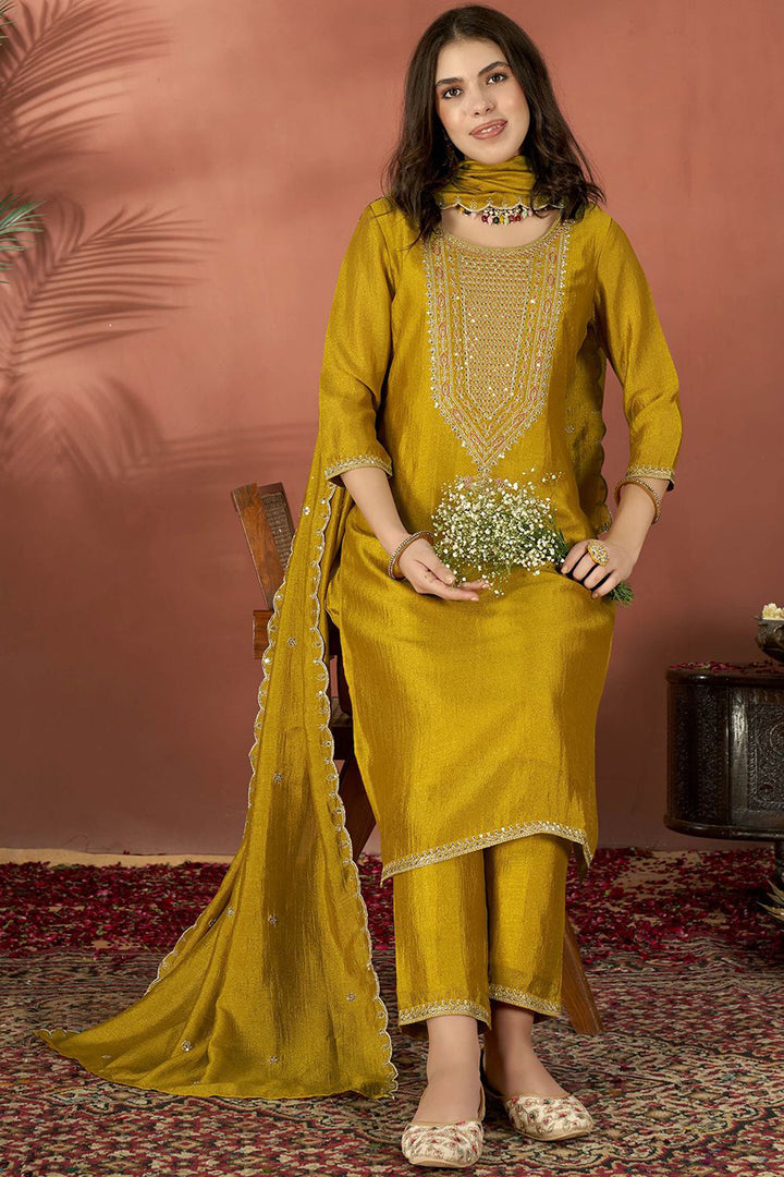 Mustard Color Fancy Fabric Readymade Salwar Suit