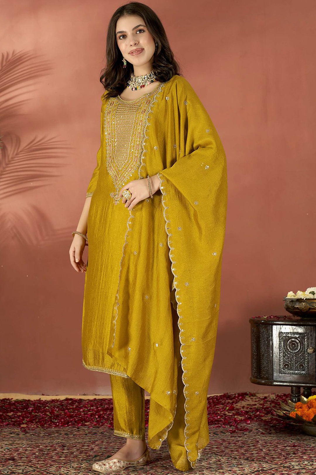 Mustard Color Fancy Fabric Readymade Salwar Suit