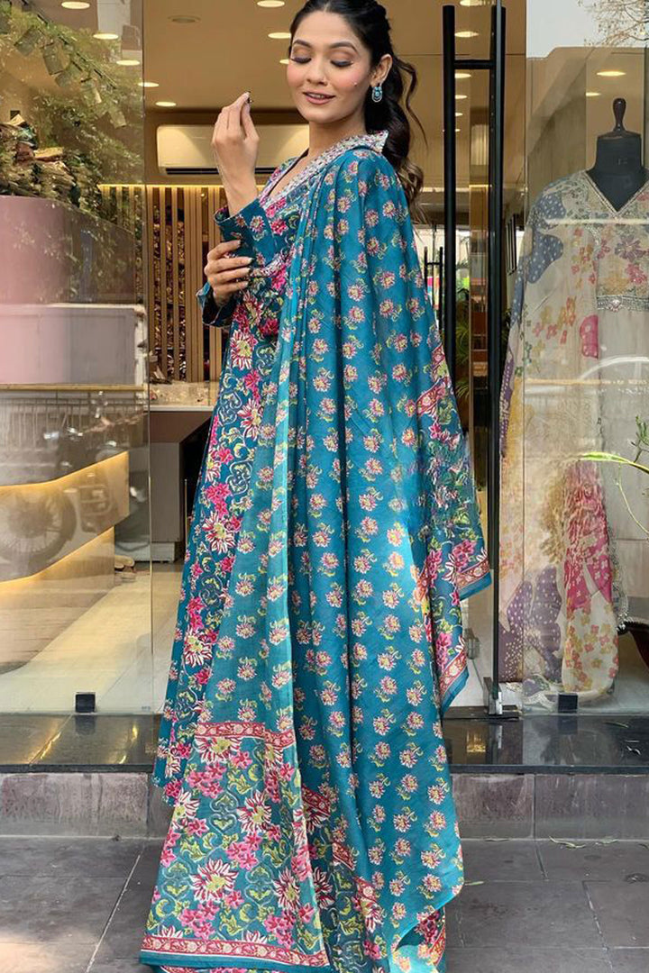 Tempting Cotton Teal Color Readymade Salwar Suit