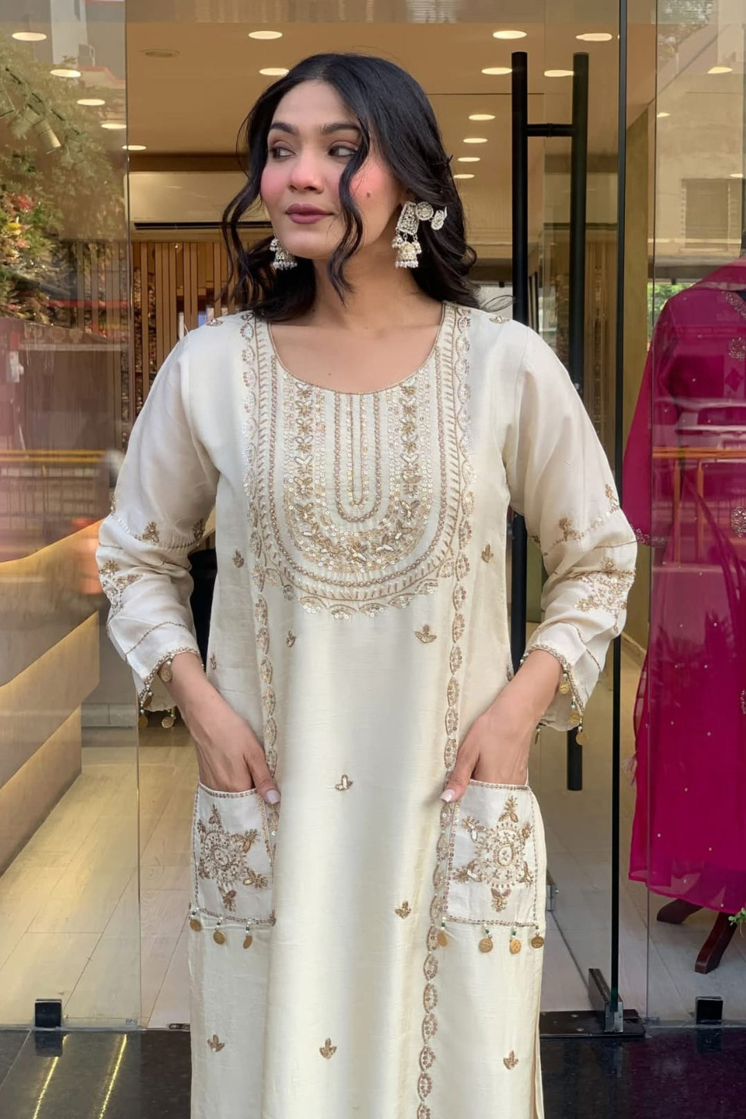 Engaging Off White Color Art Silk Readymade Salwar Suit