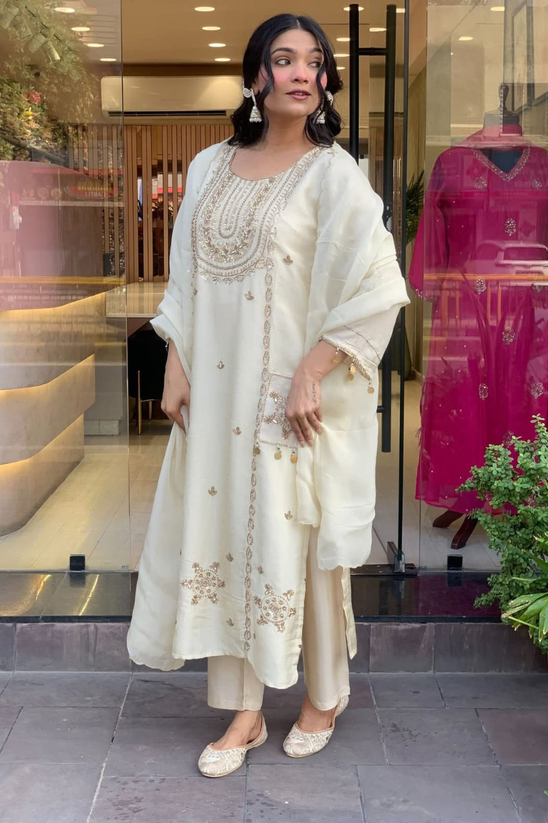 Engaging Off White Color Art Silk Readymade Salwar Suit