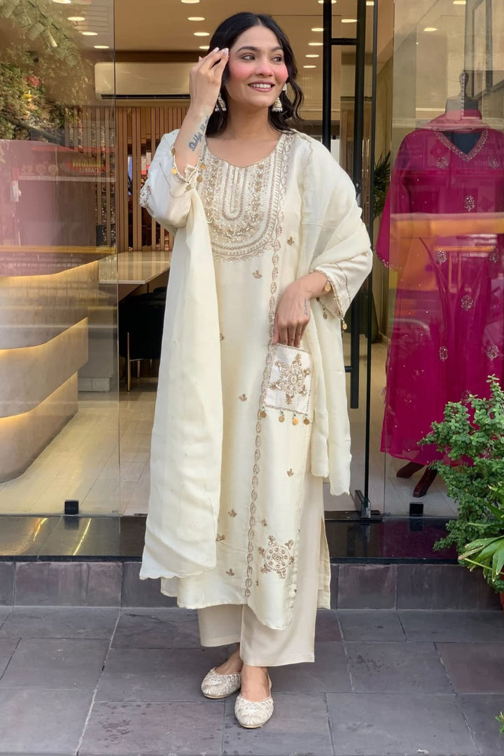 Engaging Off White Color Art Silk Readymade Salwar Suit