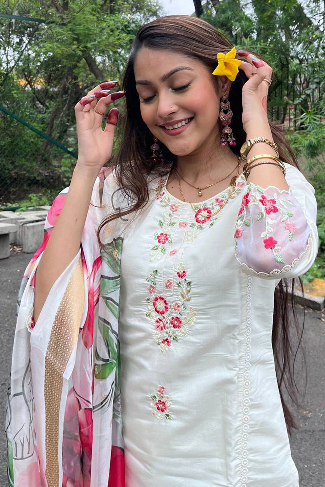 White Color Readymade Salwar Suit In Chanderi Fabric