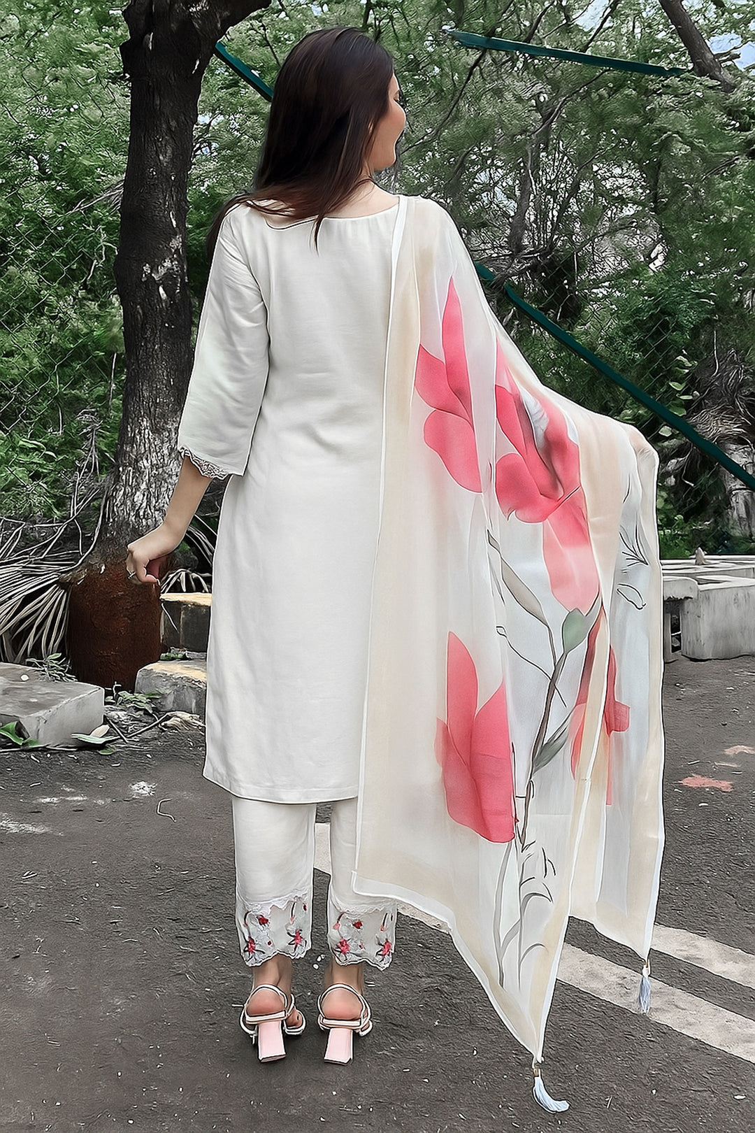 White Color Readymade Salwar Suit In Chanderi Fabric