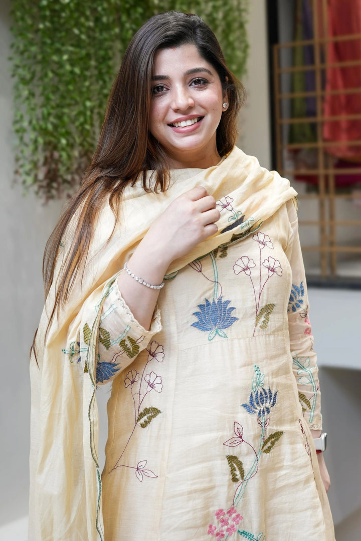 Readymade Salwar Suit In Beige Color Viscose Chanderi Fabric