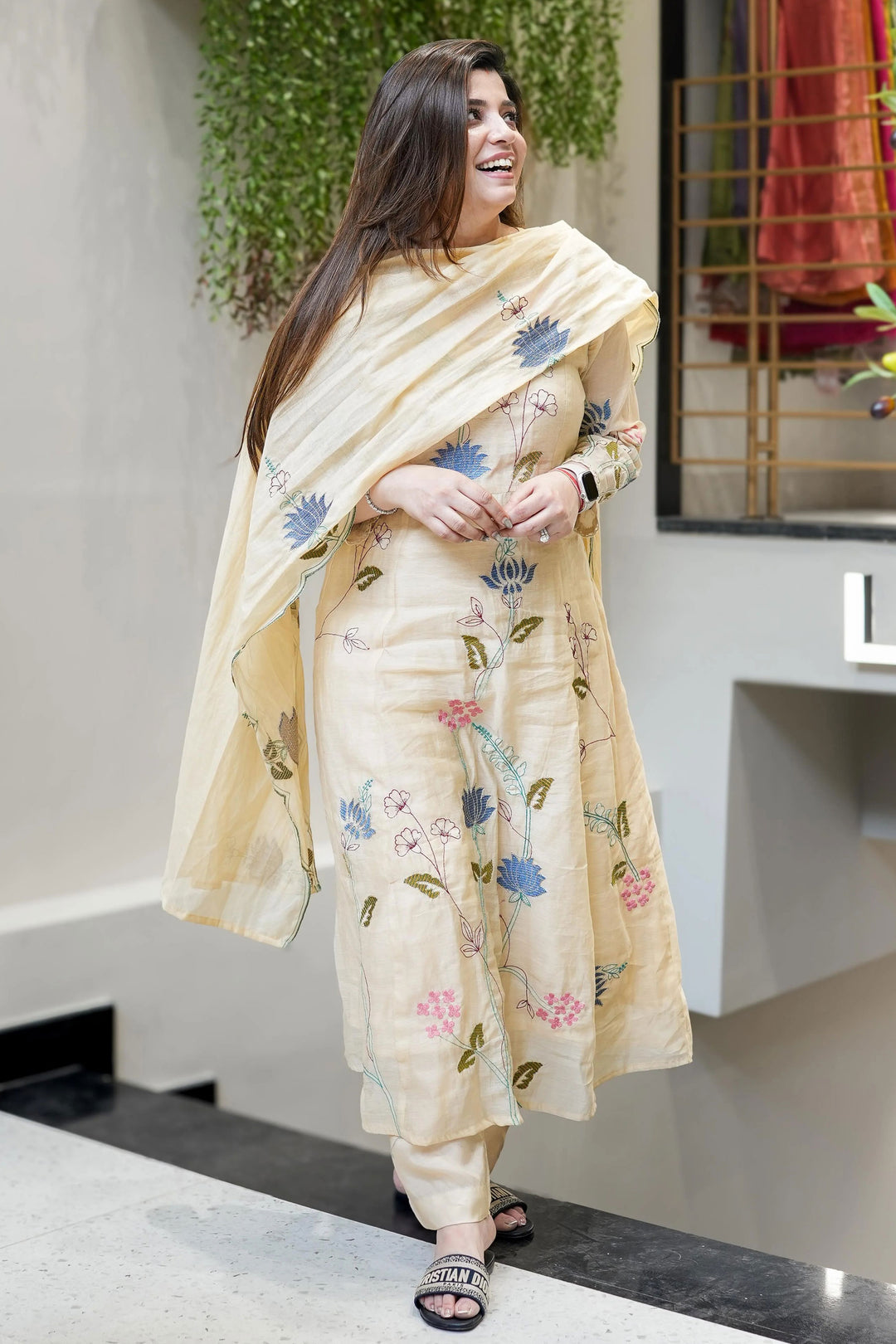 Readymade Salwar Suit In Beige Color Viscose Chanderi Fabric