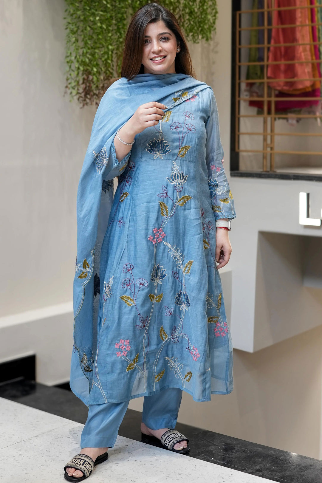 Viscose Chanderi Fabric Readymade Salwar Suit In Sky Blue Color