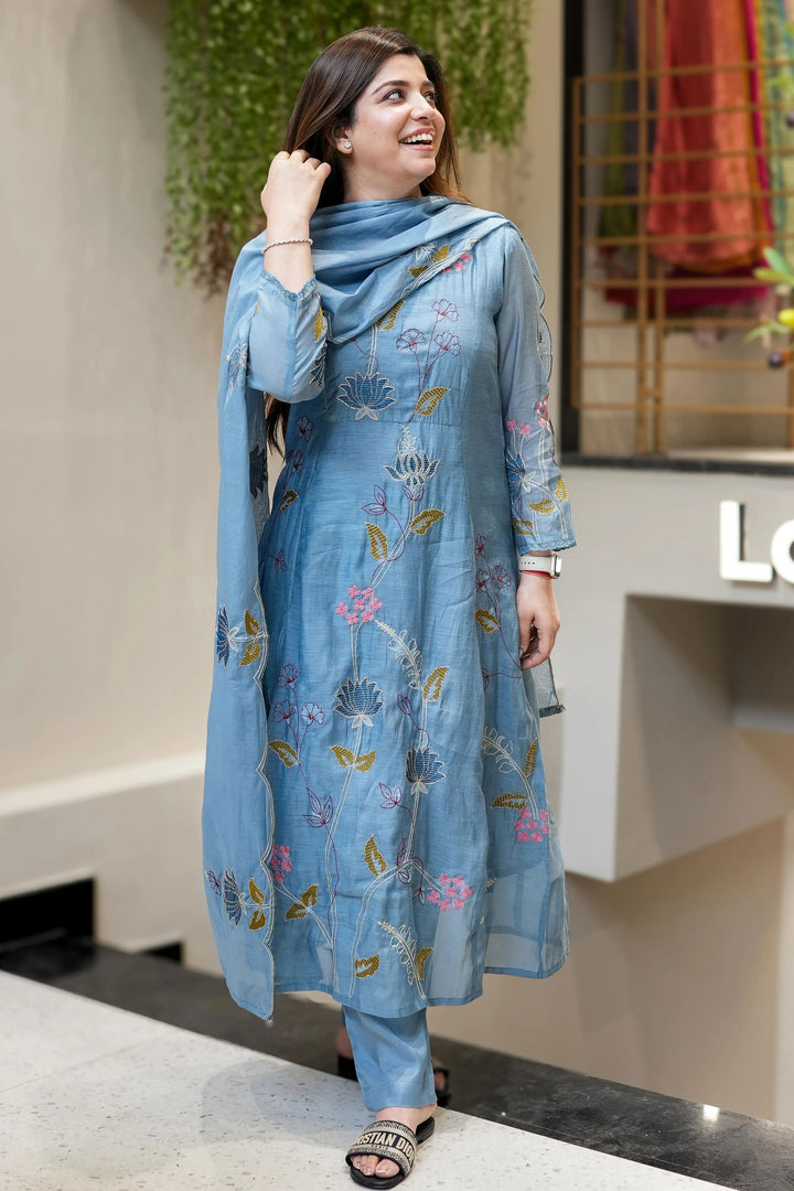 Viscose Chanderi Fabric Readymade Salwar Suit In Sky Blue Color