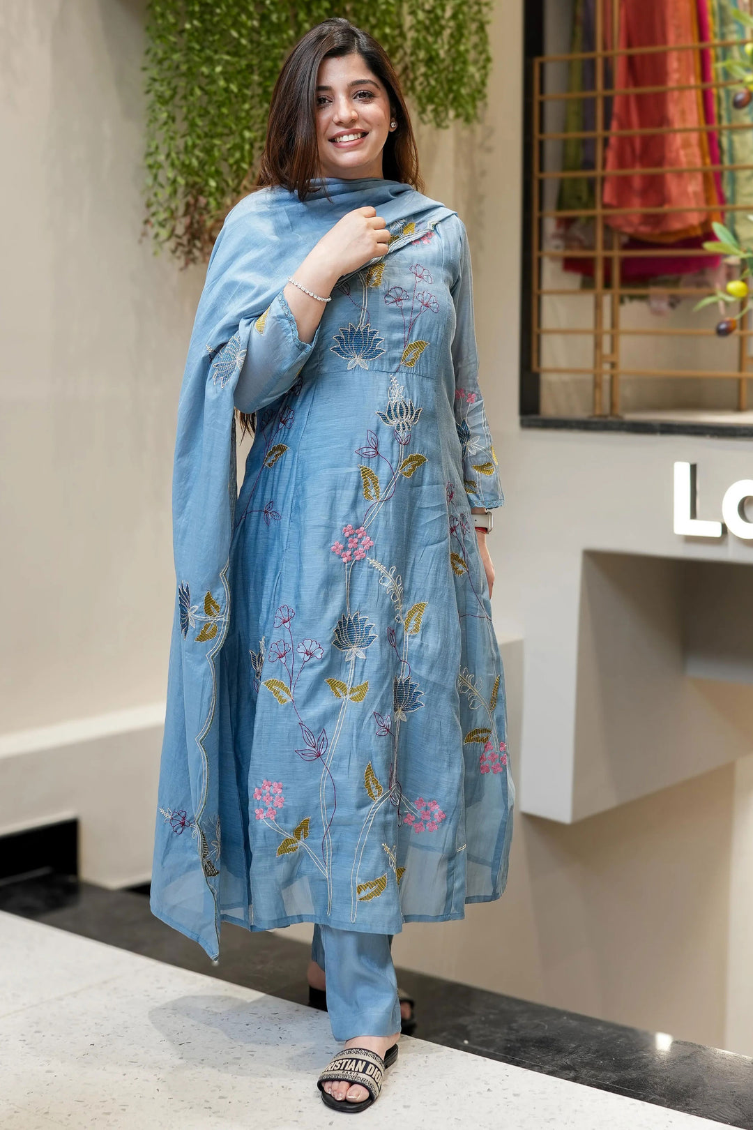 Viscose Chanderi Fabric Readymade Salwar Suit In Sky Blue Color