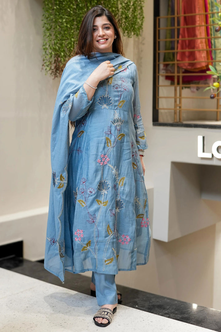 Viscose Chanderi Fabric Readymade Salwar Suit In Sky Blue Color