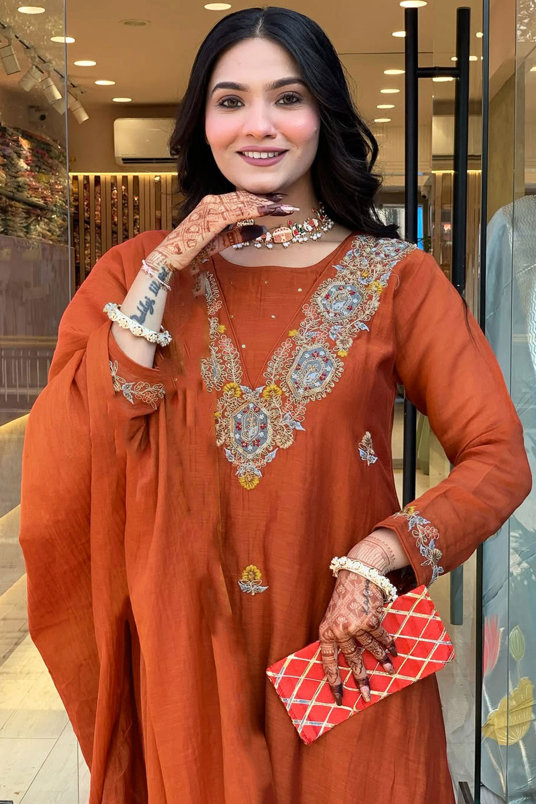 Orange Color Vichitra Fabric Readymade Salwar Suit