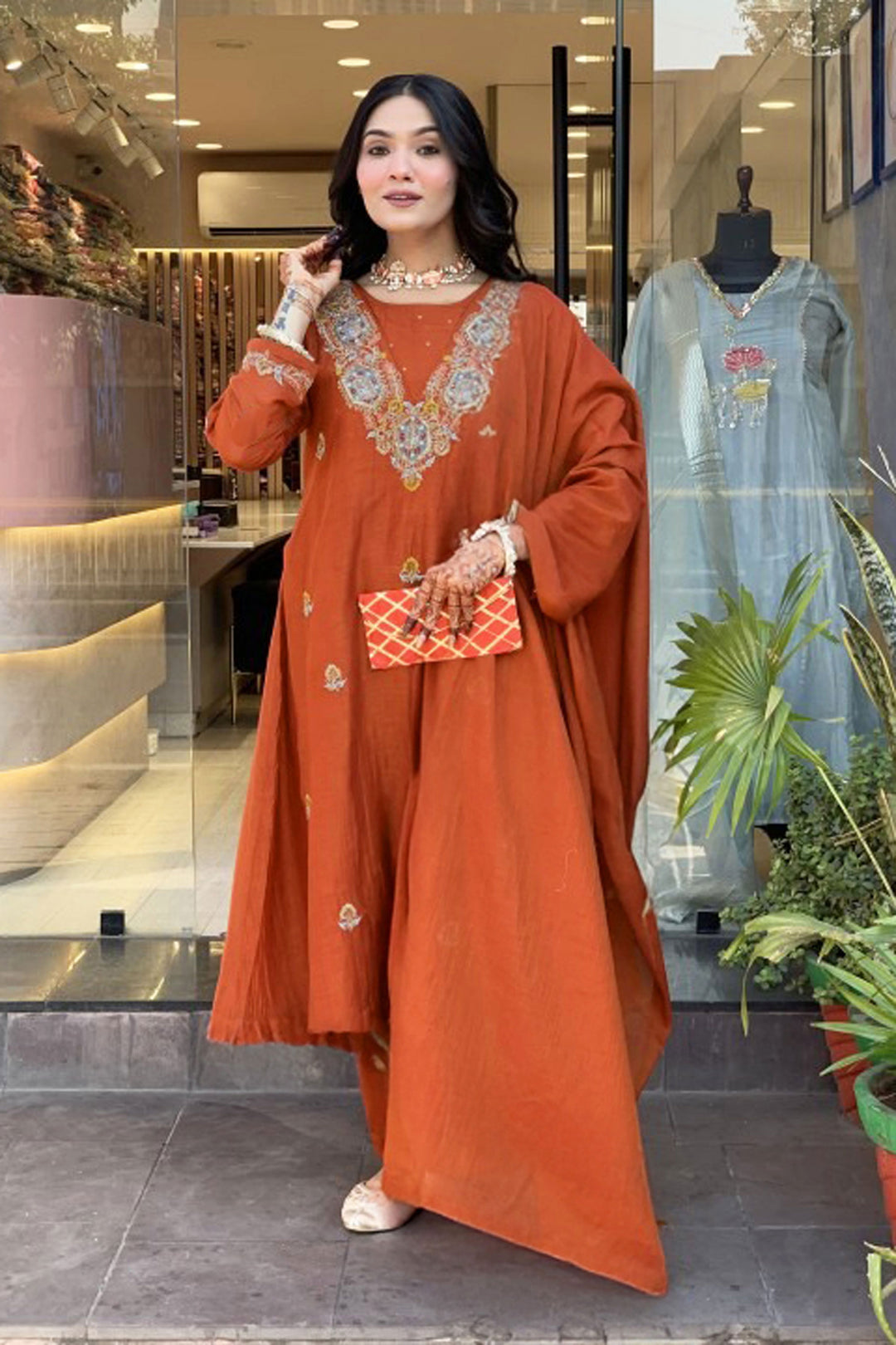 Orange Color Vichitra Fabric Readymade Salwar Suit