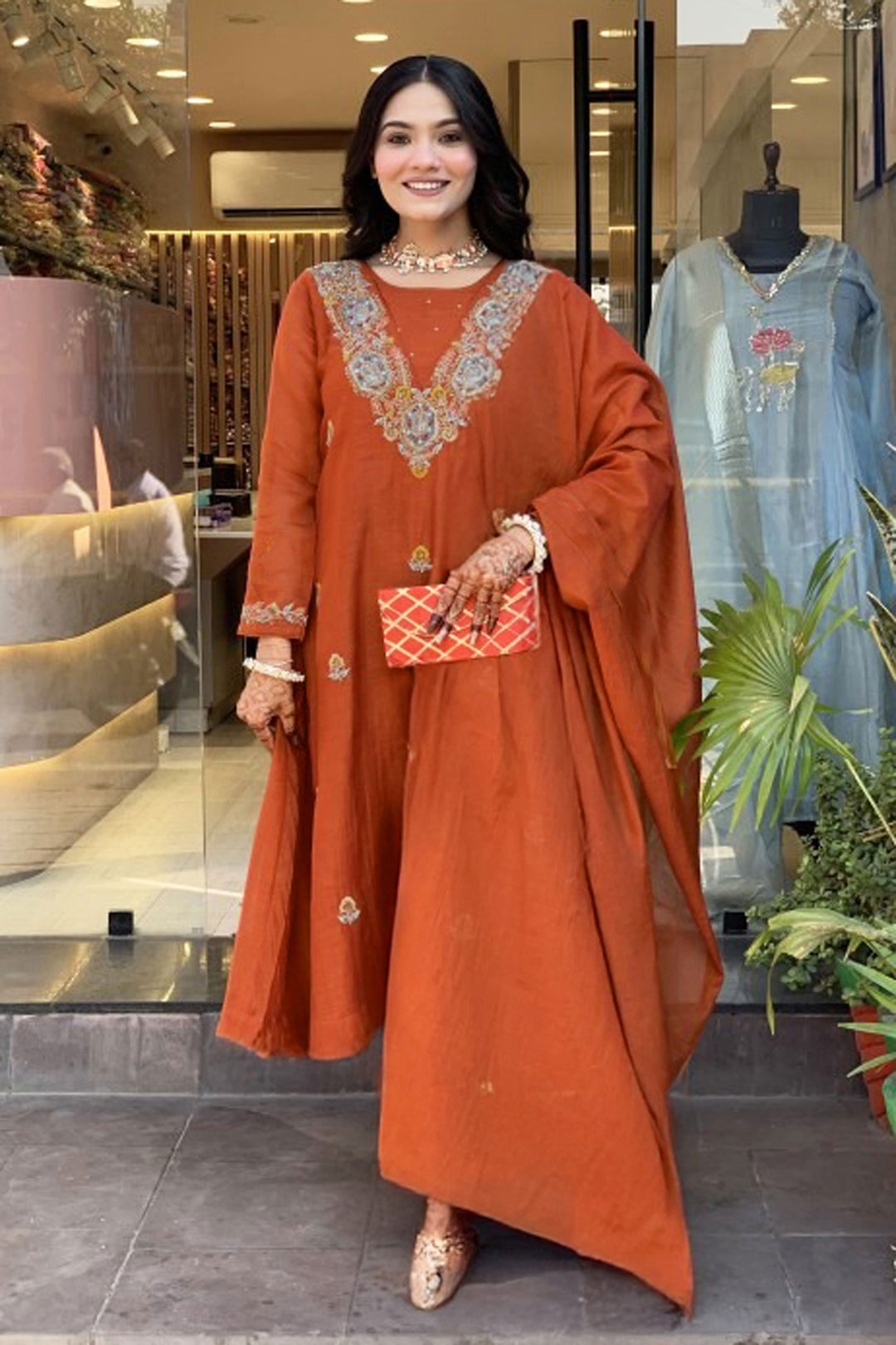 Orange Color Vichitra Fabric Readymade Salwar Suit