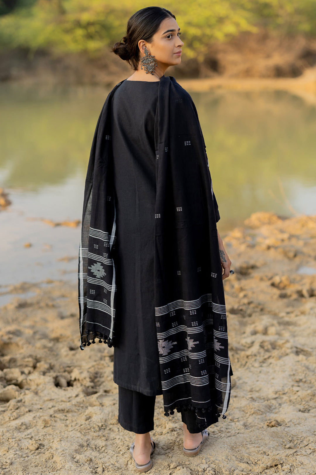 Chanderi Fabric Readymade Salwar Suit In Black Color
