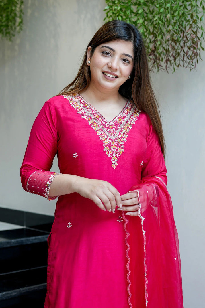 Rani Color Viscose Chanderi Fabric Readymade Salwar Suit