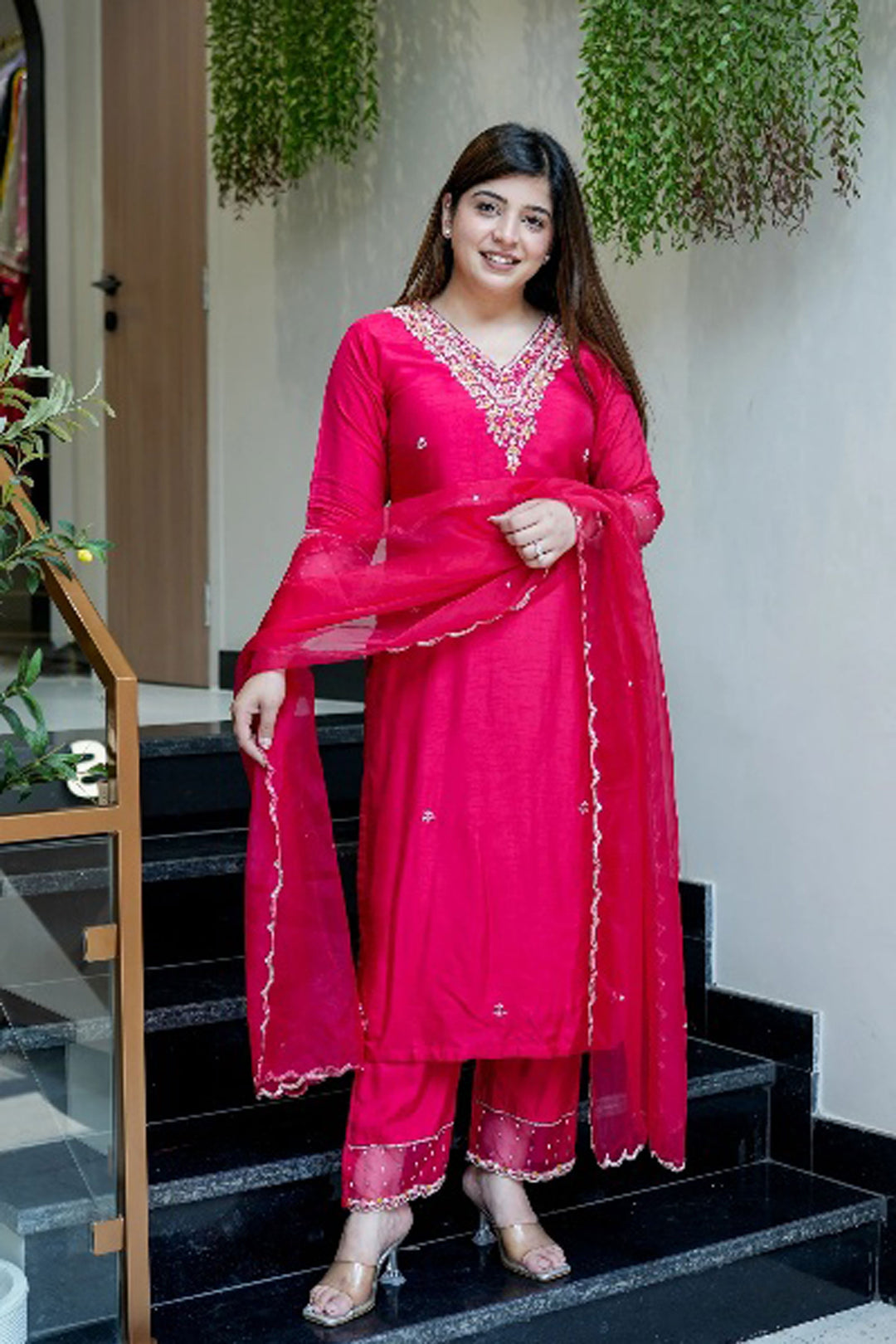 Rani Color Viscose Chanderi Fabric Readymade Salwar Suit