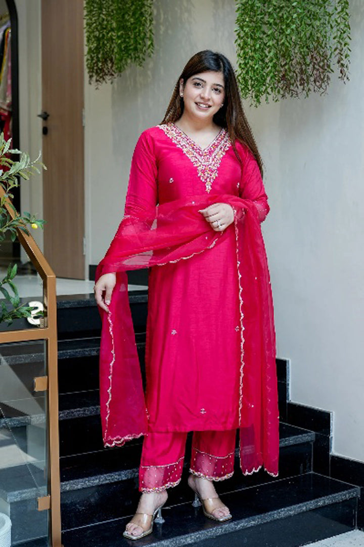 Rani Color Viscose Chanderi Fabric Readymade Salwar Suit