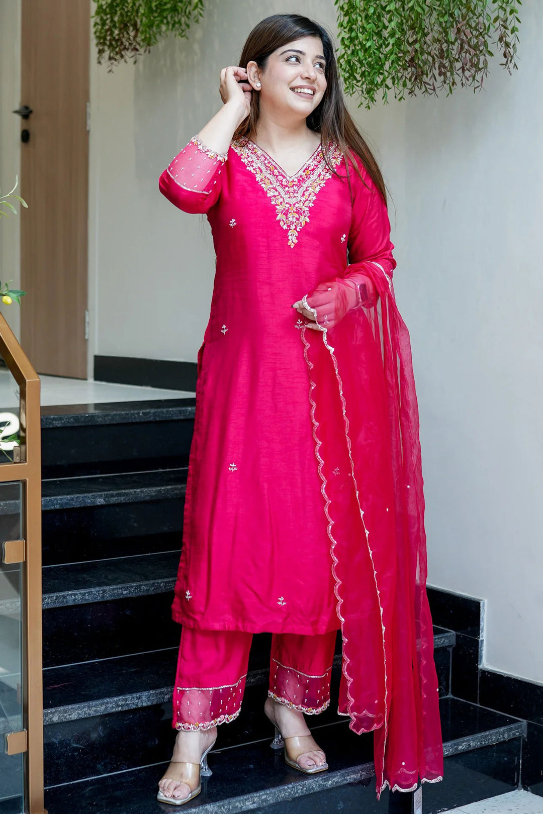 Rani Color Viscose Chanderi Fabric Readymade Salwar Suit