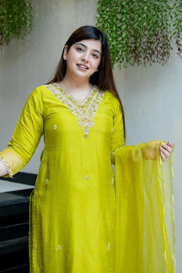 Yellow Color Viscose Chanderi Fabric Readymade Salwar Suit