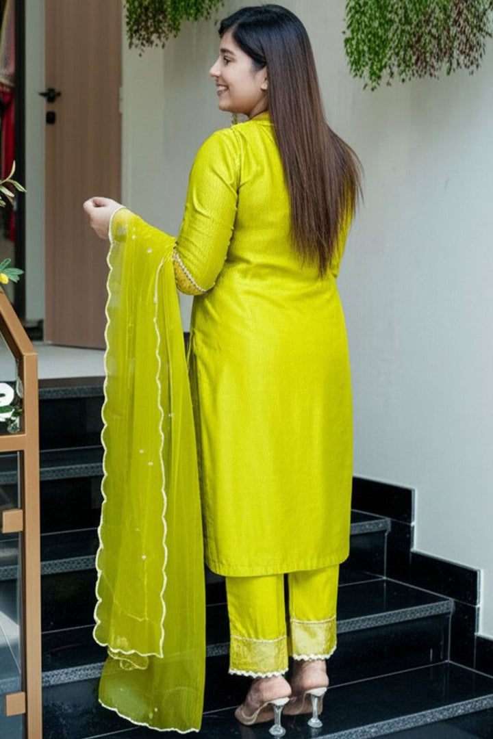 Yellow Color Viscose Chanderi Fabric Readymade Salwar Suit