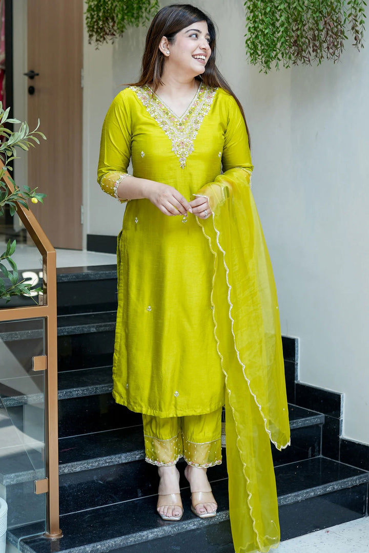 Yellow Color Viscose Chanderi Fabric Readymade Salwar Suit
