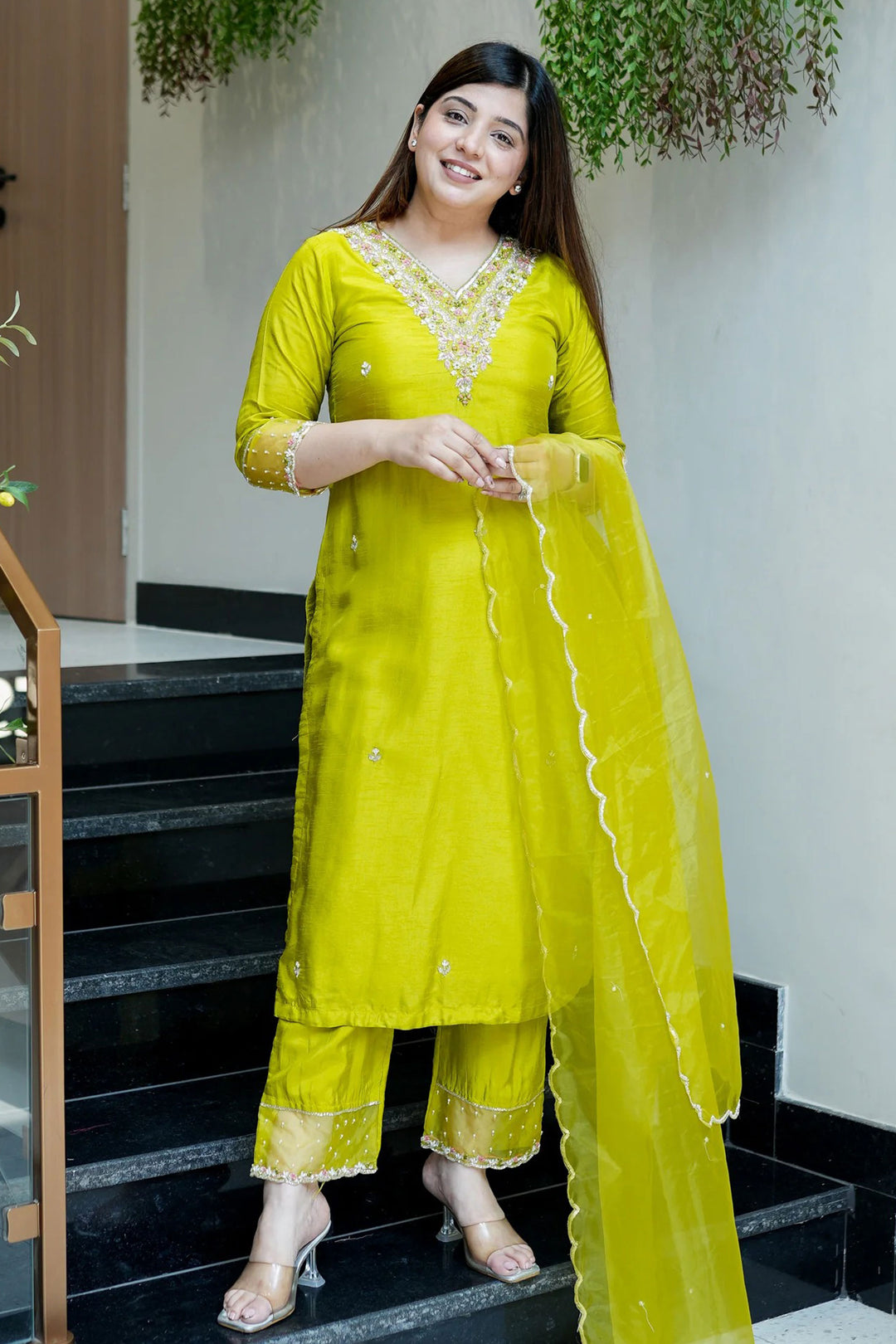 Yellow Color Viscose Chanderi Fabric Readymade Salwar Suit