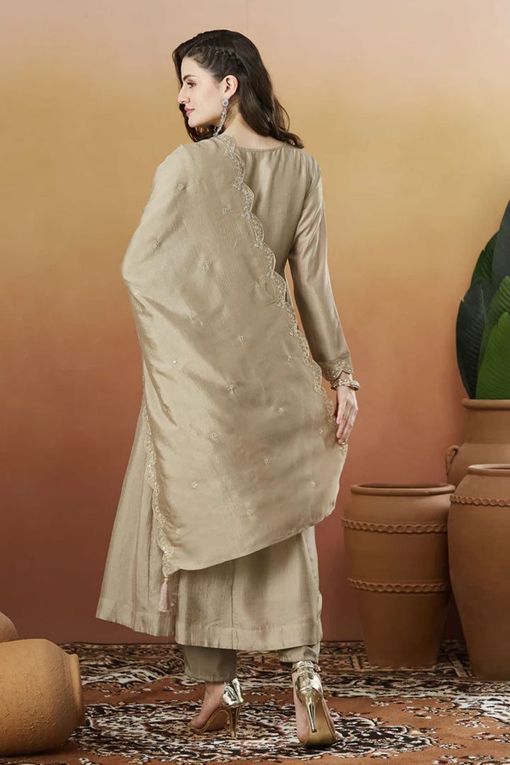 Beige Color Vichitra Silk Fabric Readymade Salwar Suit