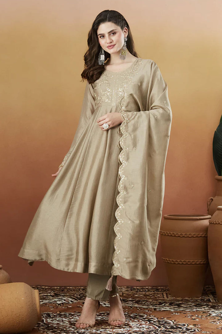 Beige Color Vichitra Silk Fabric Readymade Salwar Suit